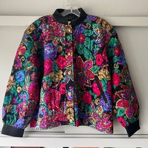 Vintage CAPRICCIO Colorful Abstract Floral Pattern Quilted Silk Bomber Jacket 10